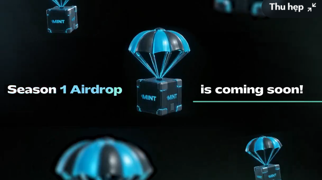 A promotional graphic announcing 'Season 1 Airdrop is coming soon!' featuring black and blue cubes labeled 'MINT' descending with parachutes against a dark background.