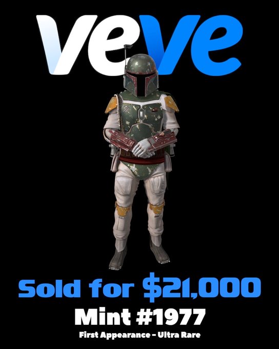 Promotional image for the digital collectibles app 'veve' featuring a 3D render of Boba Fett with text reading 'Sold for $21,000', 'Mint #1977', and 'First Appearance - Ultra Rare'.