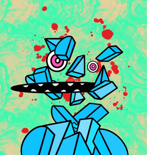 A stylized digital artwork featuring a fractured blue robotic or geometric creature with mismatched purple eyes, a mouth full of sharp teeth, set against a turquoise background with red splatters.