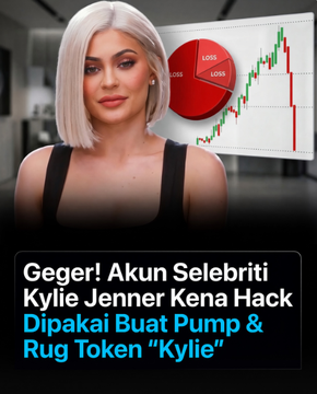 A news graphic featuring Kylie Jenner with a 'LOSS' pie chart and downward-trending graph, with Indonesian text reading 'Geger! Akun Selebriti Kylie Jenner Kena Hack Dipakai Buat Pump & Rug Token "Kylie".'