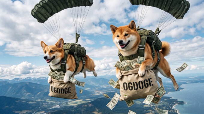 A humorous image of two Shiba Inu dogs parachuting while carrying money bags labeled 'OGDOGE', with dollar bills scattered around them.