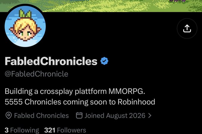 A Twitter/X profile page for 'FabledChronicles' (@FabledChronicle) with a pixel art avatar, describing itself as 'Building a crossplay platform MMORPG. 5555 Chronicles coming soon to Robinhood' with 3 Following and 321 Followers.
