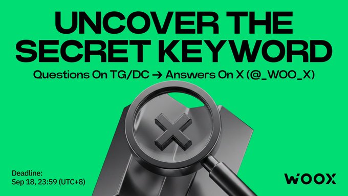 A green promotional graphic reads 'UNCOVER THE SECRET KEYWORD' with 'Questions On TG/DC → Answers On X (@_WOO_X)', featuring a magnifying glass over an X logo and a deadline of 'Sep 18, 23:59 (UTC+8)' alongside the WOOX logo.