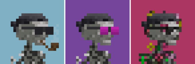 Three pixel art images show a skull-headed character smoking, each against a different colored background (blue, purple, and pink).
