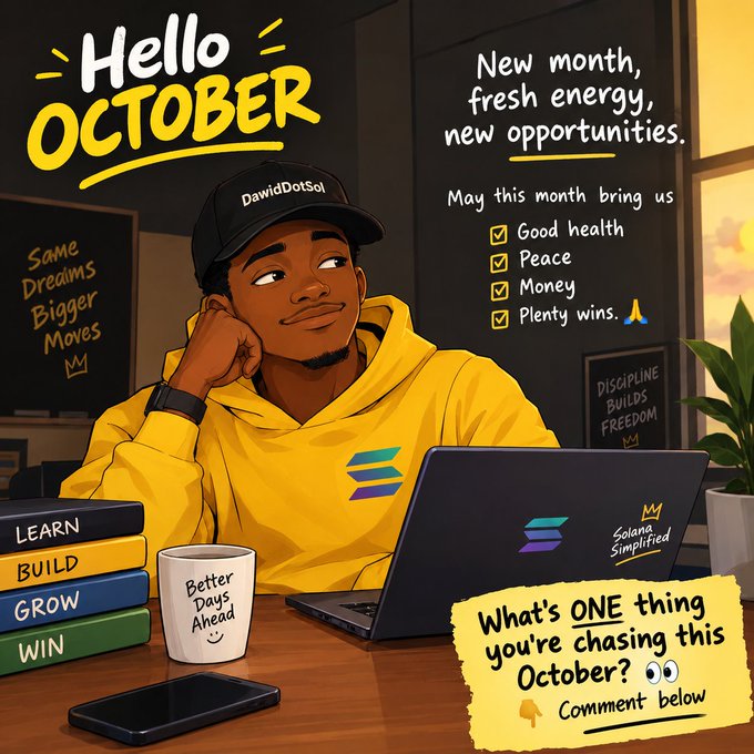 A colorful illustrated 'Hello OCTOBER' graphic by DavidDotSol featuring a man in a yellow hoodie at a laptop, with motivational text including 'New month, fresh energy, new opportunities' and a checklist for good health, peace, money, and wins.