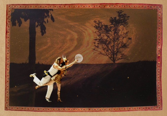 A surreal collage on a decorative red border shows a couple in vintage-style attire dancing and holding a glowing orb against a dusky sky with silhouettes of trees.