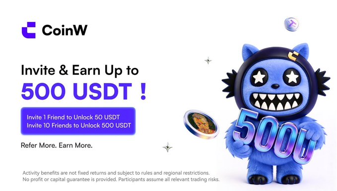 A CoinW promotional banner featuring a blue furry mascot with star eyes offers up to 500 USDT in referral rewards, inviting users to earn 50 USDT per friend or 500 USDT for 10 friends to promote the $LAPTOP meme coin listing on the exchange.