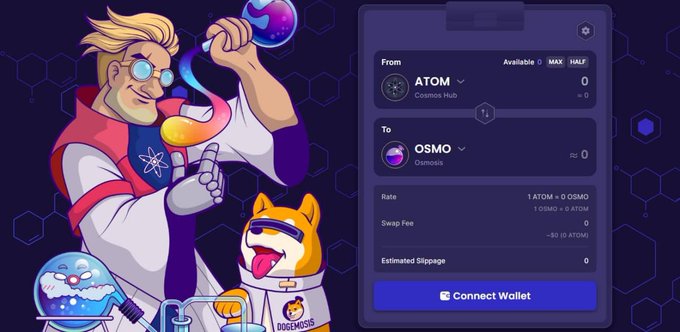 A cartoon scientist character with a Shiba Inu dog and a "Dogemosis" jar appear alongside a Cosmos swap interface showing the conversion of ATOM to OSMO tokens. The image illustrates the post's theme about Osmosis being an underrated DEX in the Cosmos ecosystem, visually highlighting the ATOM→OSMO swap functionality that the platform is known for.