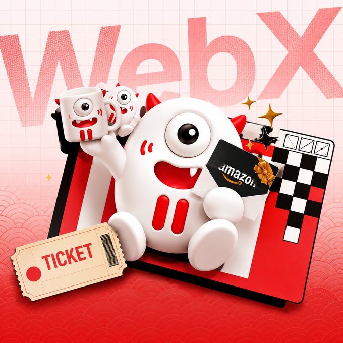 A promotional graphic for WebX features a cute, one-eyed white mascot (TRONBull) with devil horns holding an Amazon gift card and a ticket, alongside two smaller mascot figures and a checkered pattern, with the post announcing TRON's platinum sponsorship of WebX 2026 and a giveaway of eight 1,000 yen Amazon gift cards.