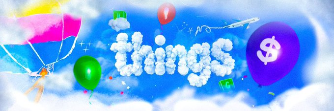 The image features the word "things" spelled out in cloud-like puffs against a blue sky, surrounded by colorful balloons, a kite, and floating dollar signs and balloons — representing the playful and volatile nature of the meme coin market. One prominent purple balloon displays a "$" symbol, symbolizing the financial challenges like sniping, bundling, and dumping that @thingsmarket aims to address.