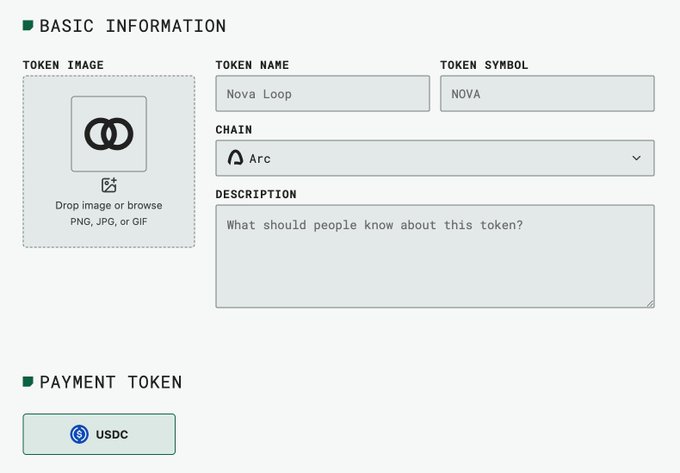 A token launchpad form displays basic information fields for a token called "Nova Loop" (symbol NOVA) on the Arc chain, with USDC selected as the payment token. The image appears to show the type of platform used for the $FULL presale mentioned in the post, illustrating the form fields required to list a token on a launchpad.