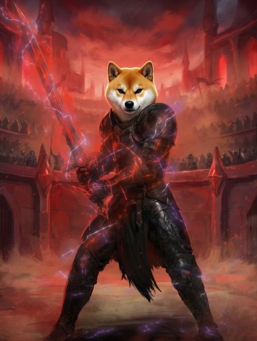 The image features a dog wearing a black outfit, holding a sword with lightning bolts coming out of it. The background shows a castle or arena setting, which further emphasizes the theme of power and strength. The caption "DOGE" suggests that this is an art piece created by someone named Doge.