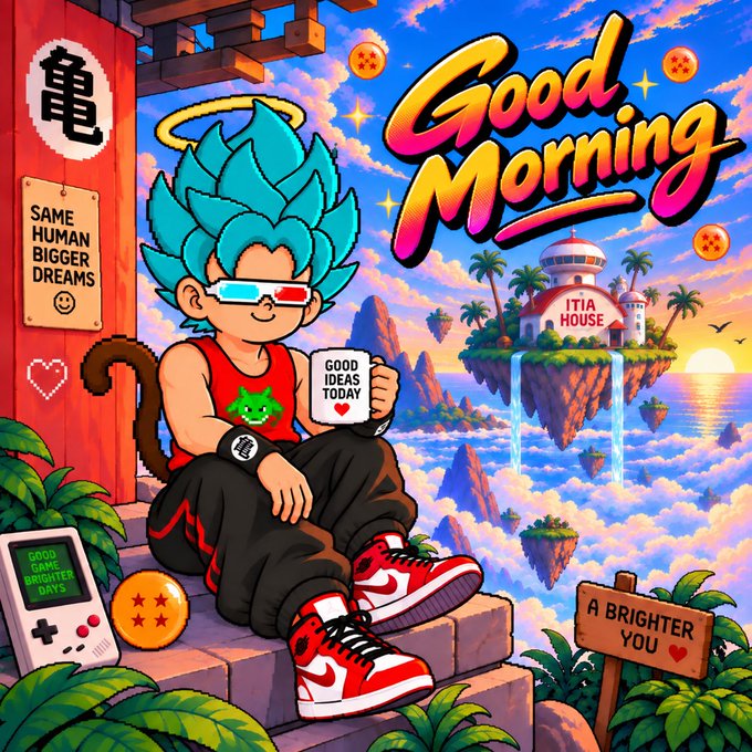 A vibrant illustration features a blue-haired anime character wearing 3D glasses and a tail, sitting on steps holding a mug that says 'GOOD IDEAS TODAY', with signs reading 'SAME HUMAN BIGGER DREAMS', 'ITIA HOUSE', 'GOOD GAME BRIGHTER DAYS', and 'A BRIGHTER YOU', under a large 'Good Morning' title.
