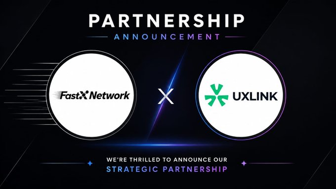 A partnership announcement banner featuring the FastX Network and UXLINK logos side by side with an 'X' between them, with text reading 'PARTNERSHIP ANNOUNCEMENT' and 'WE'RE THRILLED TO ANNOUNCE OUR STRATEGIC PARTNERSHIP'.