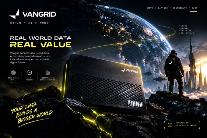 A futuristic promotional banner for 'VANGRID' featuring a hardware device, Earth from space, and text about DePIN, AI, and Web3.