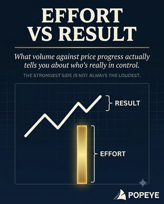 A dark-themed infographic titled "EFFORT VS RESULT" features a white price line trending upward labeled "RESULT" alongside a tall, glowing yellow volume bar labeled "EFFORT," with the tagline "What volume against price progress actually tells you about who's really in control" and branding from "POPEYE." The visual illustrates the post's concept that price movement (result) versus volume (effort) reveals the true dynamics of market control.