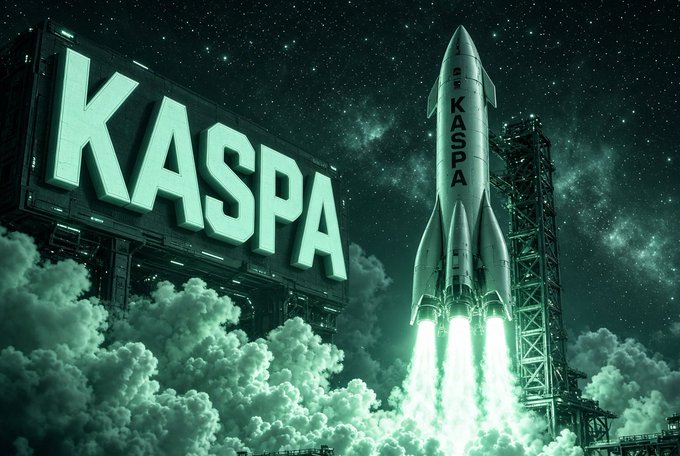 A stylized teal-tinted image featuring a large 3D "KASPA" sign on a building structure next to a rocket ship launching into a starry night sky.