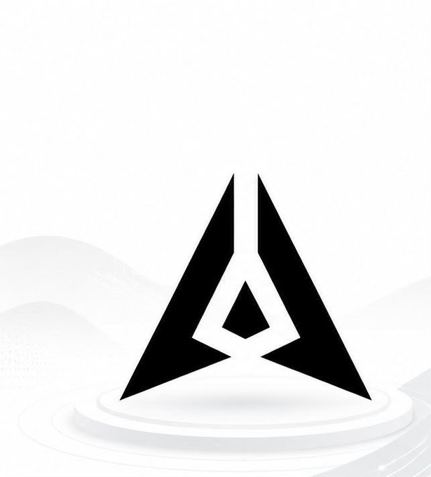 A black stylized triangular 'A' logo displayed on a white pedestal against a minimalist white and gray background.