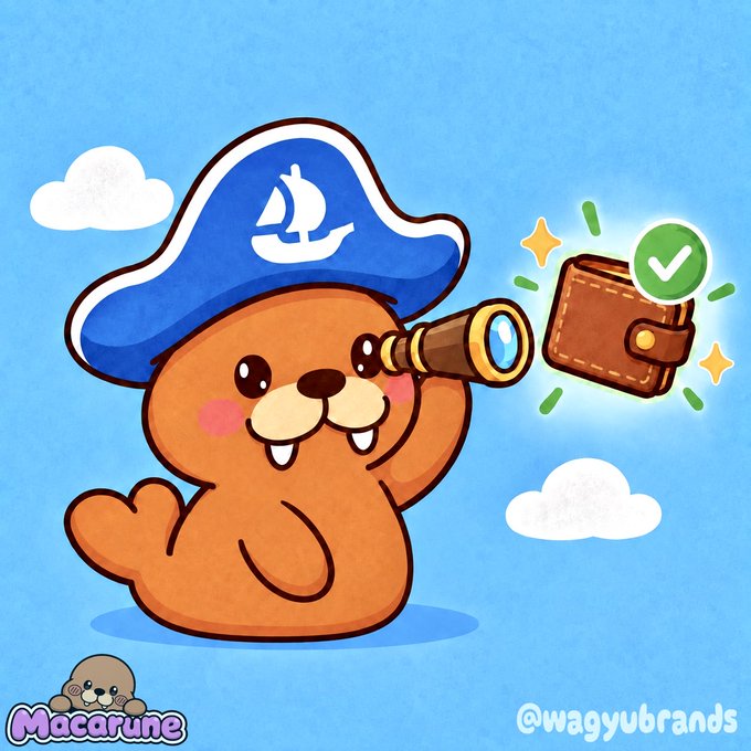 A cute cartoon walrus mascot wearing a blue pirate hat with a sailboat emblem looks through a telescope at a brown wallet with a green checkmark, set against a sky background with clouds. The image, branded "Macarune" by @wagyubrands, playfully illustrates the post's message of confirming allowlist spots and preparing for the September 18th launch, as the walrus metaphorically "spots" verified wallets ready for minting.