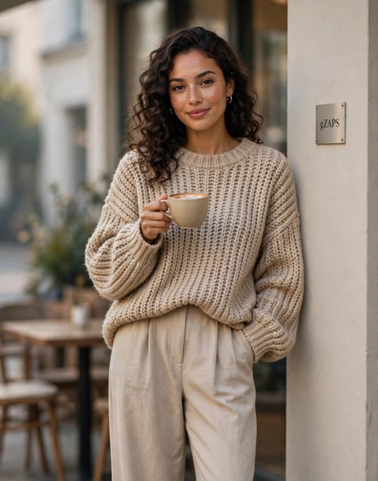A woman with curly dark hair wearing a beige knit sweater and light pants stands outside a café, holding a coffee cup next to a sign reading 'gZAPS'.