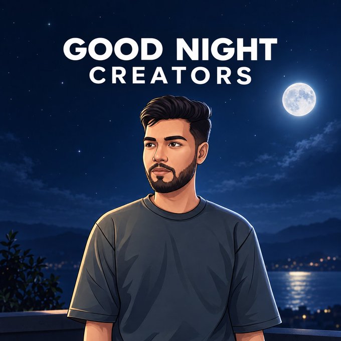 An illustrated image with the text 'GOOD NIGHT CREATORS' showing a man with a beard standing by water under a moonlit sky.