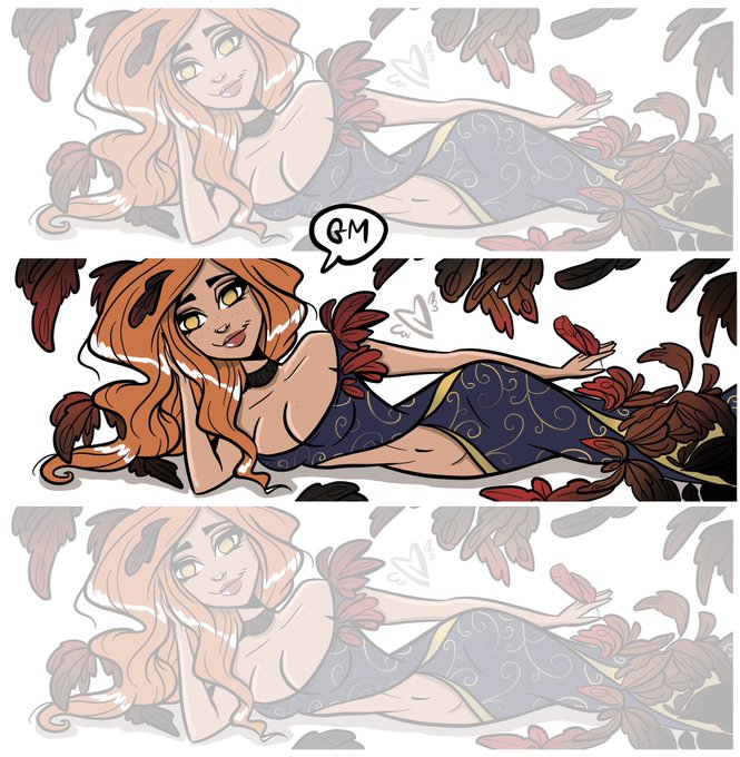 A three-panel comic strip shows a red-haired anime-style girl with horns lounging among leaves, with the middle panel in full color and a speech bubble reading 'GM', while the top and bottom panels are faded.