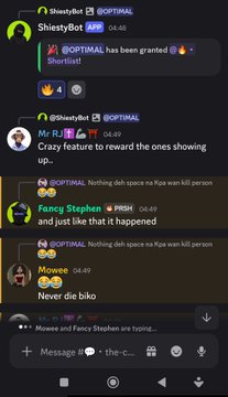 A screenshot of a Discord chat on the r/OPTIMAL subreddit with messages from users @SheistyBot, @huntnfall, and others discussing trading features and crypto bot functionality.