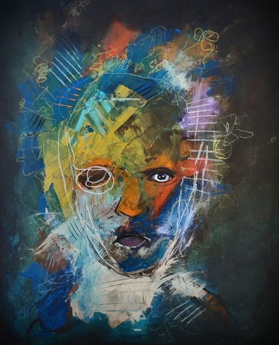An expressive, colorful abstract portrait painting of a face with striking eyes, composed of textured brushstrokes in blue, yellow, orange, and white.