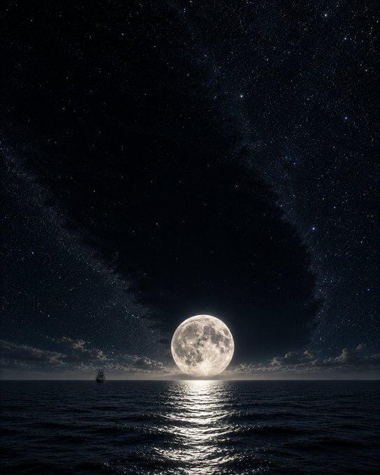 A large full moon rises over a calm ocean at night, reflecting its silvery light on the water, with a small ship visible on the left beneath a starry sky filled with the Milky Way.