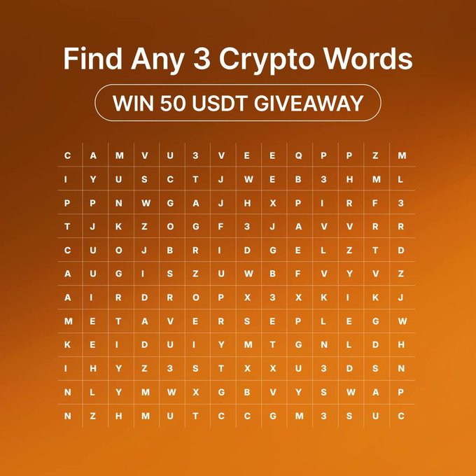 A word search puzzle titled 'Find Any 3 Crypto Words' offering a 'WIN 50 USDT GIVEAWAY' displayed on an orange gradient background.