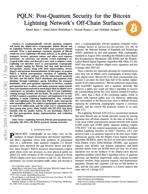 The first page of an academic paper titled 'PQLN: Post-Quantum Security for the Bitcoin Lightning Network's Off-Chain Surfaces' from Sep 12, 2026.