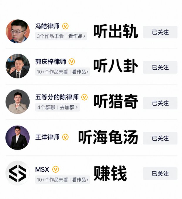A list of five Chinese lawyer profiles with humorous captions added next to them: '听出轨' (listen to cheating), '听八卦' (listen to gossip), '听猎奇' (listen to bizarre stories), '听海龟汤' (listen to turtle soup riddles), and '赚钱' (make money) for MSX.
