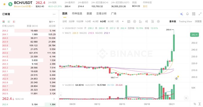 A cryptocurrency trading interface on Binance showing the BCH/USDT pair at 262.4, with a candlestick chart displaying price movements from late July to late August 2026.