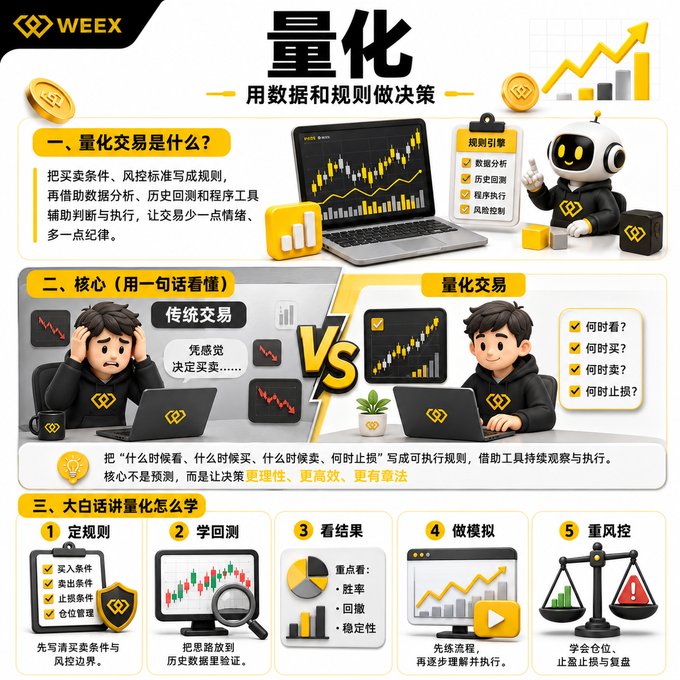 A Chinese infographic titled '量化' (Quantitative Trading) from WEEX explaining the concept, comparing traditional vs. quantitative trading, and outlining a 5-step process: define rules, backtest, analyze results, simulate, and risk control.