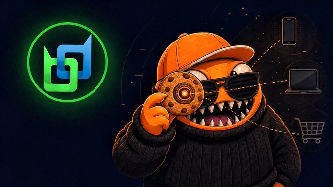 A cartoon illustration of a smiling orange monster character wearing a cap and sunglasses, holding a cookie with a Bitcoin symbol, with digital device icons and a green logo to the left.