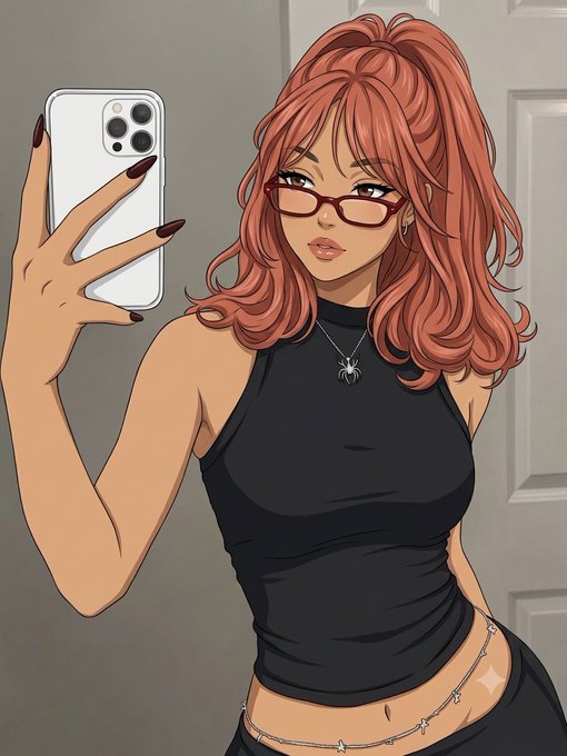 An anime-style digital illustration of a young woman with long reddish-pink hair taking a mirror selfie with a smartphone, wearing a black sleeveless top, glasses, a spider necklace, and dark red nail polish.