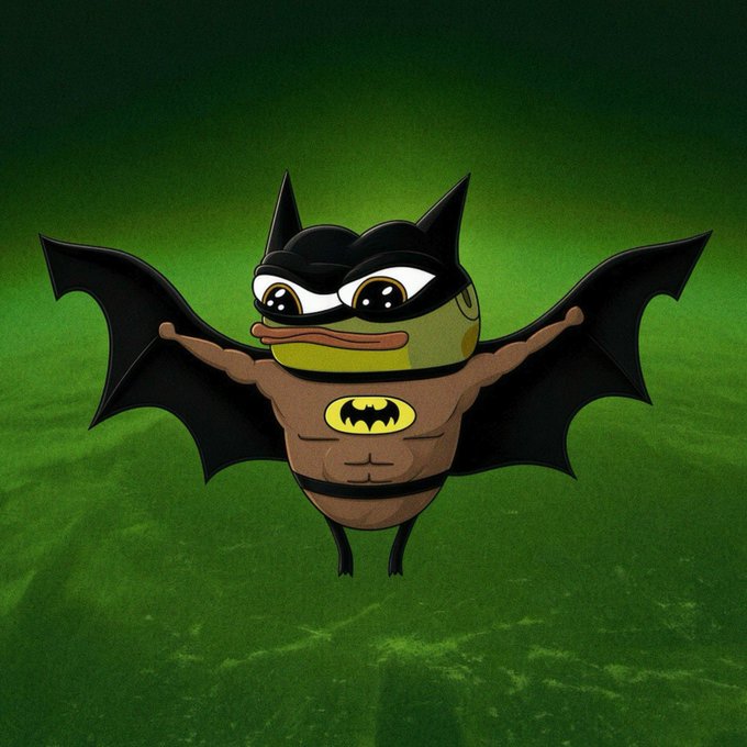 A cartoon illustration of a Pepe the Frog character dressed as Batman, complete with black bat-eared cowl, cape, and a muscular body with the yellow Batman logo, set against a green background.