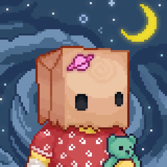 A pixel art character with a cardboard box head, wearing a red patterned shirt, holds a small green creature while gazing up at a starry night sky with a crescent moon. The whimsical, childlike scene paired with the post about "Hollows" saving ETH NFTs suggests a metaphor for hope and innocence in a struggling market, implying that whimsical creativity—much like the cute character—may be what revives the NFT ecosystem.