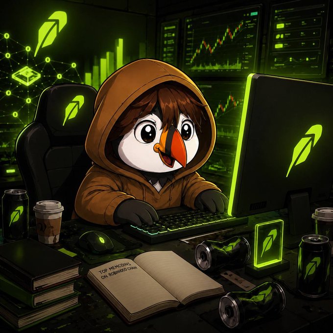 A cartoon illustration of an owl character in a brown hoodie working on a computer surrounded by green-themed cryptocurrency branding and trading charts.