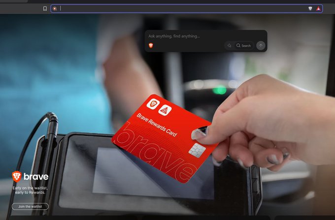 A screenshot of the Brave browser homepage showing a hand holding a red 'Brave Rewards Card' near a payment terminal, with the tagline 'Early on the waitlist, early to Rewards.'
