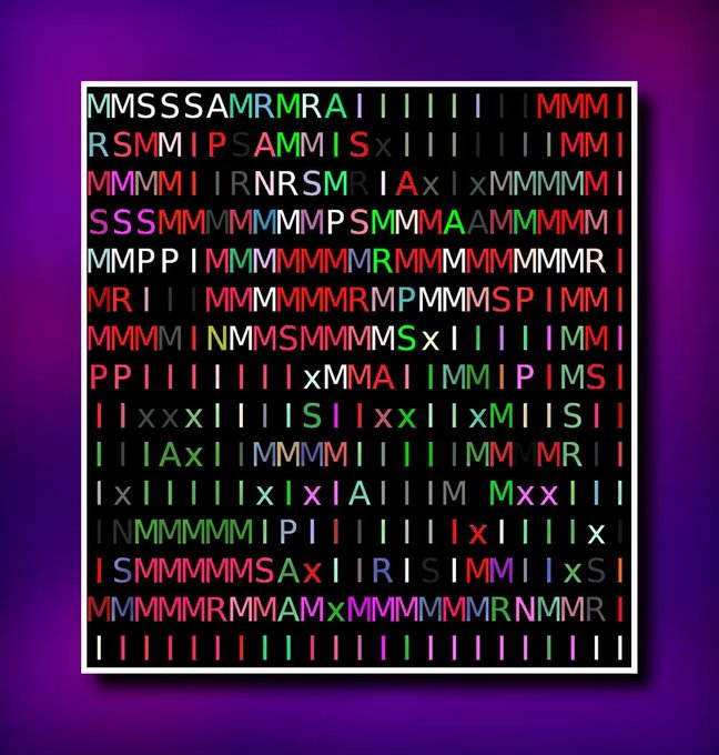 A grid of colorful letters including M, S, A, R, P, and I on a black background, displayed within a white frame on a purple surface.