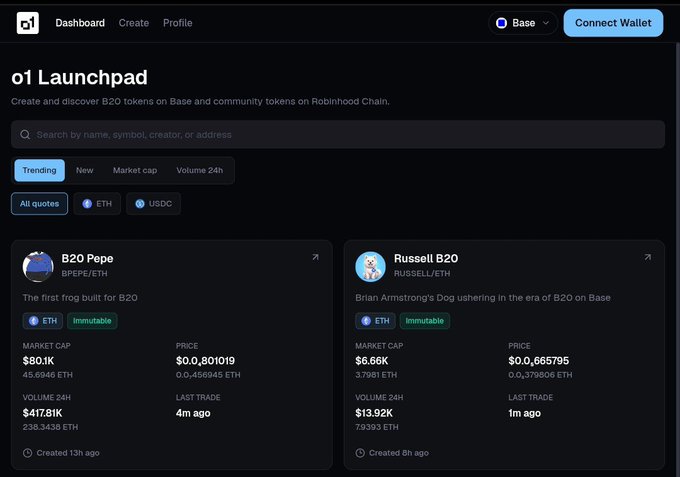 A screenshot of the 'o1 Launchpad' dashboard showing B2O tokens on Base, including 'B2O Pepe' with a market cap of $80.1K and 'Russell B2O' with a market cap of $6.66K.