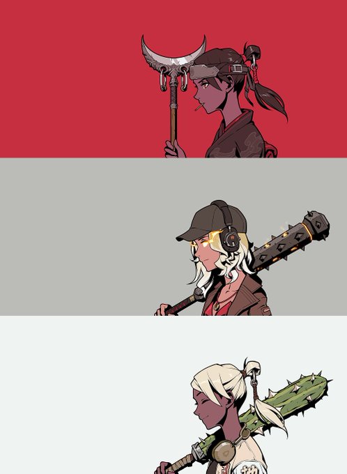 A three-panel illustration showing characters in profile: a dark-skinned figure with a crescent-bladed polearm on a red background, a light-skinned figure with a cap, headphones, and a spiked bat on a gray background, and another dark-skinned figure with a green club on a white background.