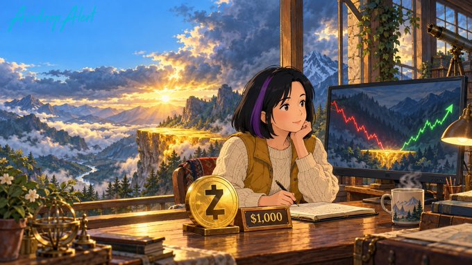 An anime girl sits at a desk with a "Z" cryptocurrency coin and a "$1,000" plaque, while a monitor displays a green and red chart, visualizing the post's discussion of ZEC's price action around the $1,000 level and its projected pullback and upside targets.