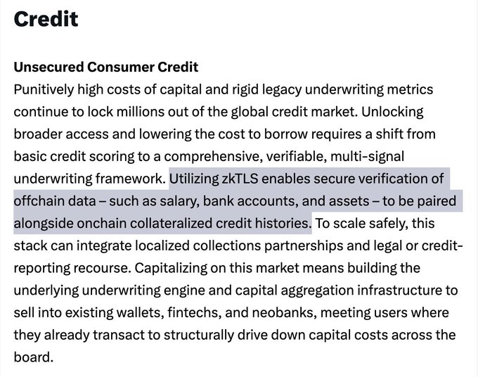 The image displays a text section titled "Credit" with a subsection on "Unsecured Consumer Credit," highlighting how zkTLS enables secure verification of offchain data like salary, bank accounts, and assets to pair with onchain credit histories—directly illustrating how verifiable data bridges real-world financial information with blockchain rails as described in the post.