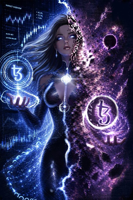 A digital illustration of a woman split between blue and purple cosmic halves, with a Tezos (XTZ) coin symbol and the text 'JIT' visible.