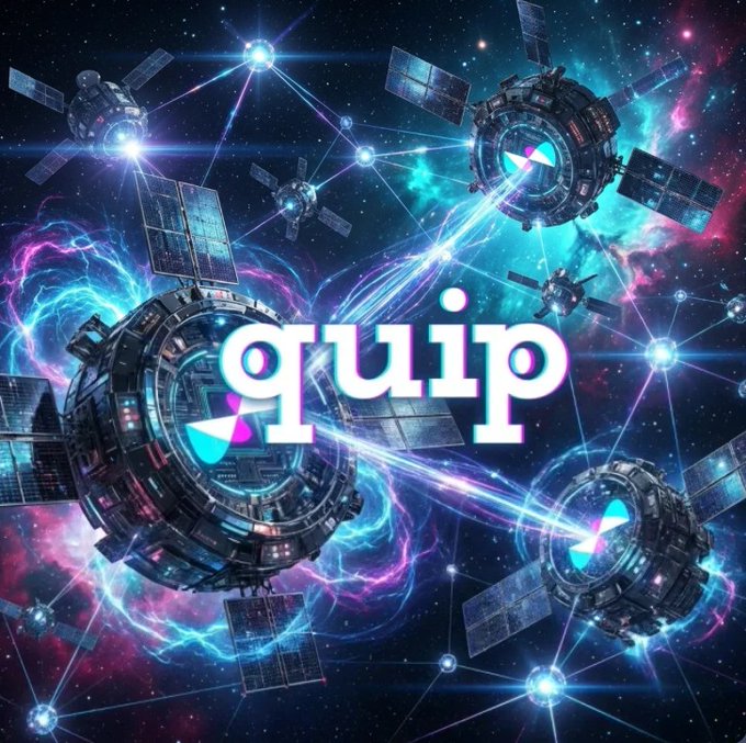 A vibrant cosmic graphic featuring multiple satellites connected by glowing energy lines in a nebula, with the word "quip" displayed prominently in white text.