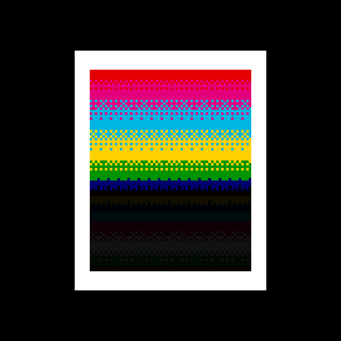 A pixel art poster featuring horizontal stripes in rainbow colors (red, pink, cyan, yellow, green, blue, black) with small repeating pixel patterns, displayed on a dark background.