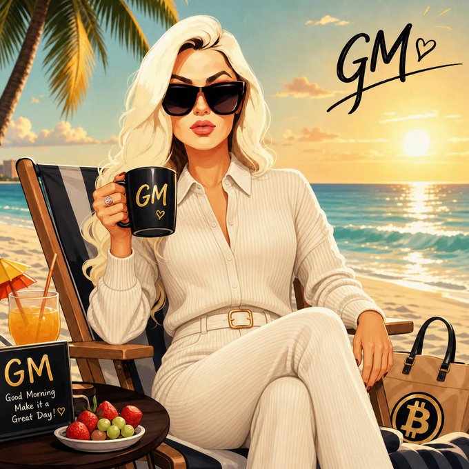 A stylized digital illustration of a blonde woman in sunglasses holding a black "GM" mug on a beach, with the text "GM Good Morning Make it a Great Day!" and a Bitcoin logo visible.