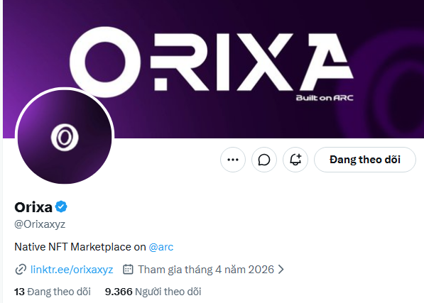 A Twitter/X profile page for "Orixa (@Orixaxyz)" with a purple banner reading "ORIXA Built on ARC," describing it as a "Native NFT Marketplace on @arc" with 13 following and 9,366 followers.